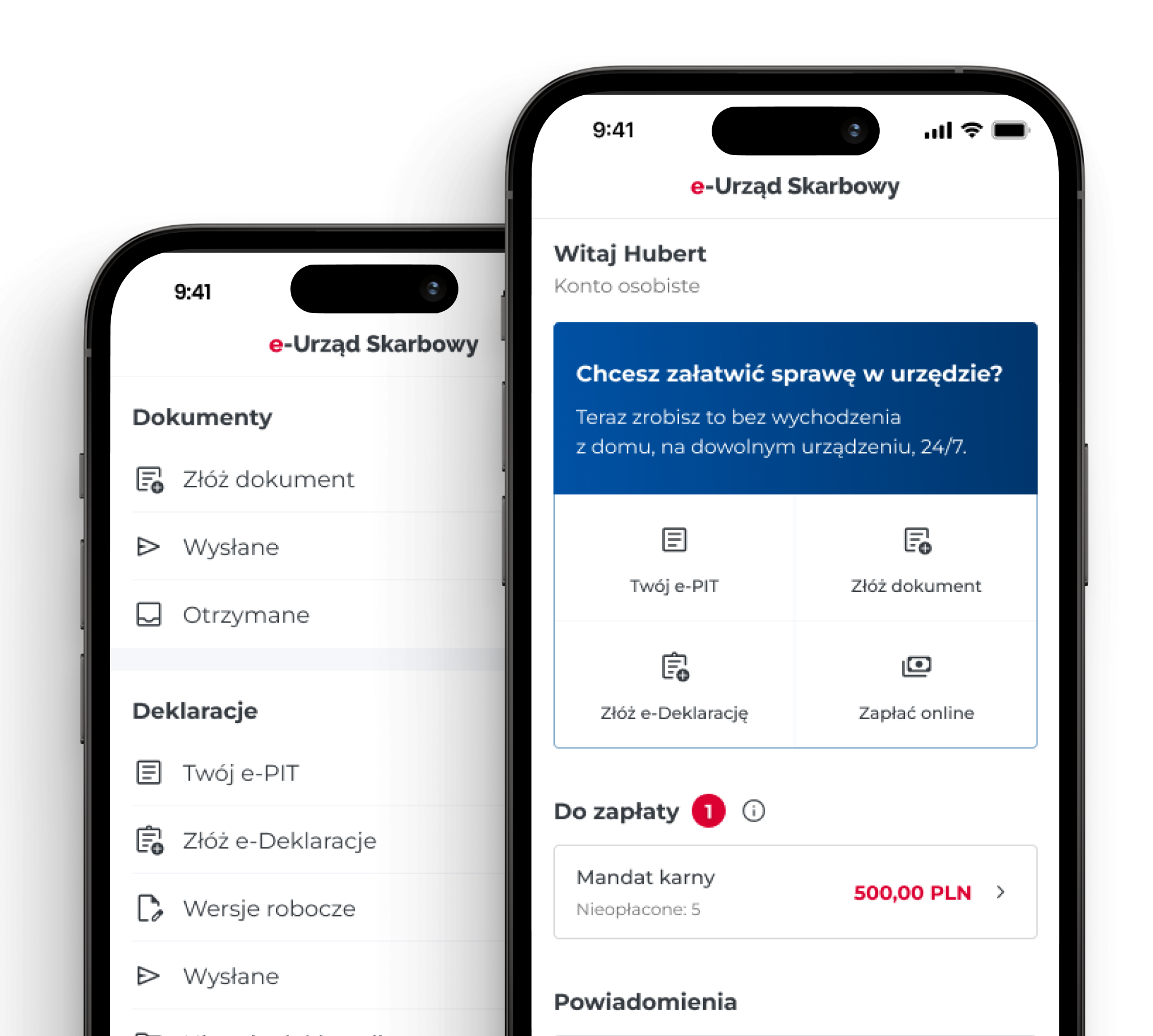 Dwa telefony komórkowe, na których widoczne są ekrany aplikacji mobilnej e-US