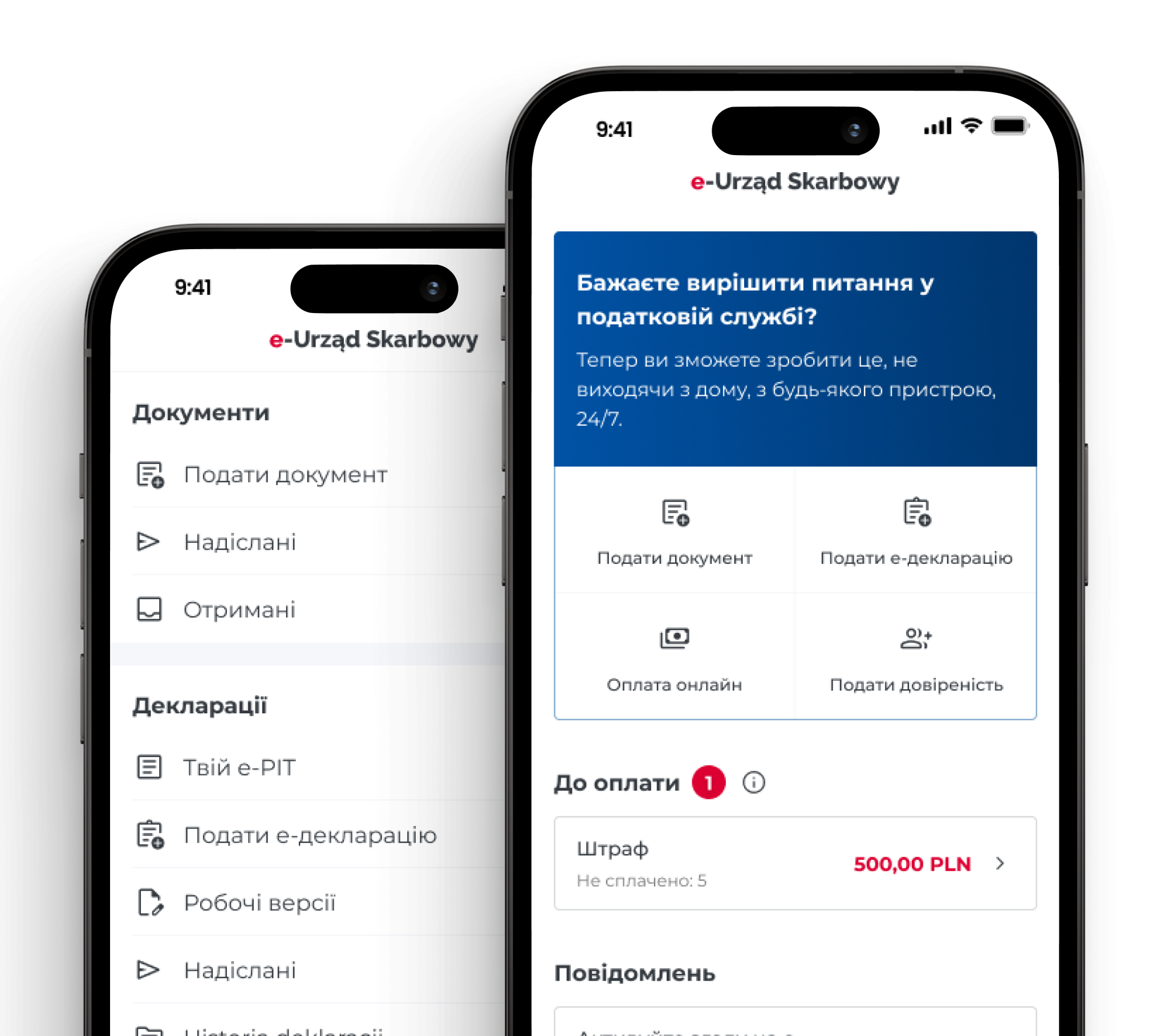 Dwa telefony komórkowe, na których widoczne są ekrany aplikacji mobilnej e-US