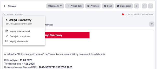 Zrzut ekranu podejrzanej wiadomości e-mail z fałszywym adresem @epicentrk.com